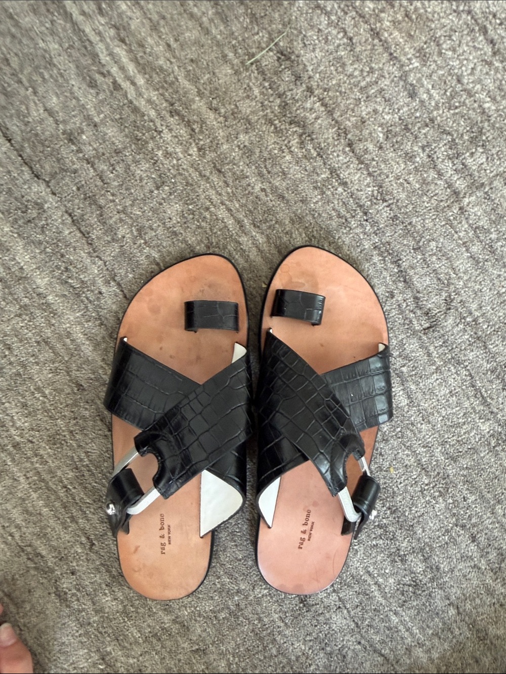 rag & bone Black Croc-Embossed Leather Crisscross Toe-Loop Sandals